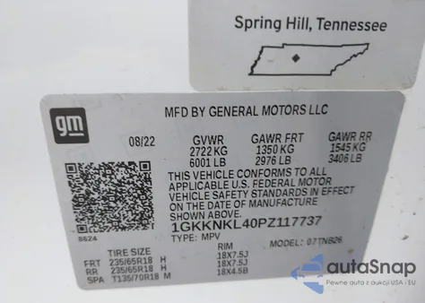 2023 GMC Acadia Fwd Sle из США, поврежденный, VIN 1GKKNKL40PZ117737